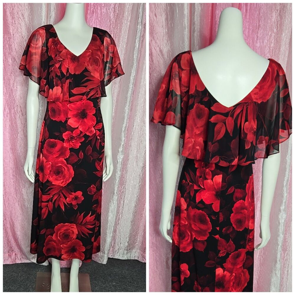 Connected Apparel Red Black Floral Chiffon Maxi Dress Size 8